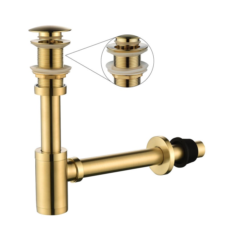 GORDEE Bathroom Sink Stopper P-Trap Complete Set Adjustable 1-1/4 Bottle Trap Solid Brass Sink Drain Kit Tube and Pop Up Drain Stopper Set Without Overflow, Brushed Gold - Image 1